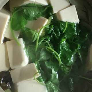 鰹節醤油で食べる絹ごし豆腐、ネギ、三つ葉の湯豆腐